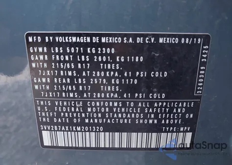 2019 Volkswagen Tiguan 2.0T Se/2.0T Sel/2.0T Sel R-Line/2.0T Sel R-Line Black from USA, damaged, VIN 3VV2B7AX1KM201320